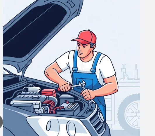 Friendly cartoon mobile mechanic working under the hood of a car